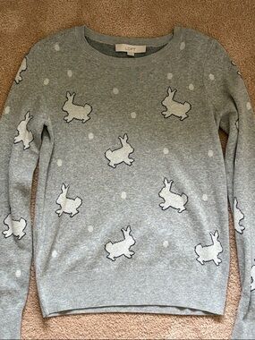 LOFT Gray Crewneck Sweater with White Bunny Motif